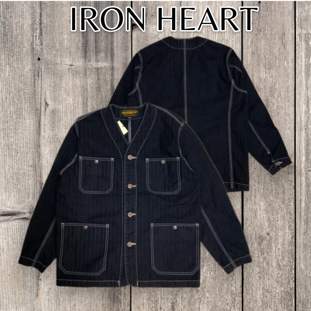 IRON HEART IHJ-158 Herringbone Collarless Chore Jacket black Made