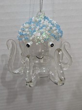 Clear Glass Octopus with Blue and White Beads Christmas Ornament 3"