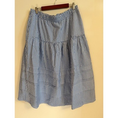 Lands End Blue White Striped Seersucker Tiered Midi Skirt Pockets L 14-16