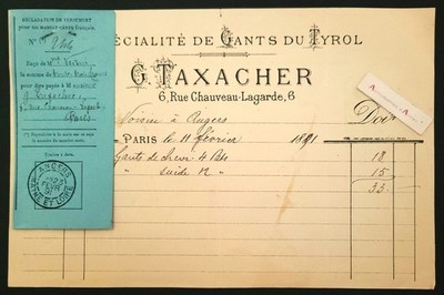   G. TAXACHER 1891 Spezialität Handschuhe TIROL 6 rue Chauveau Lagarde Paris Rechnung