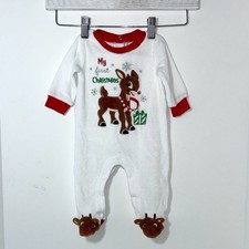 Baby Girl Rudolph 3 Month White Velour Christmas Footed Outfit