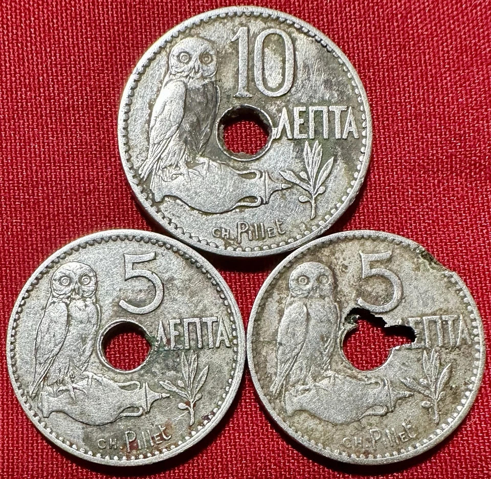 Lot Of 3 1912 Greece 10 & 5 Lepta - C Mint Mark Orientation & B Orientation - Image 2 of 2