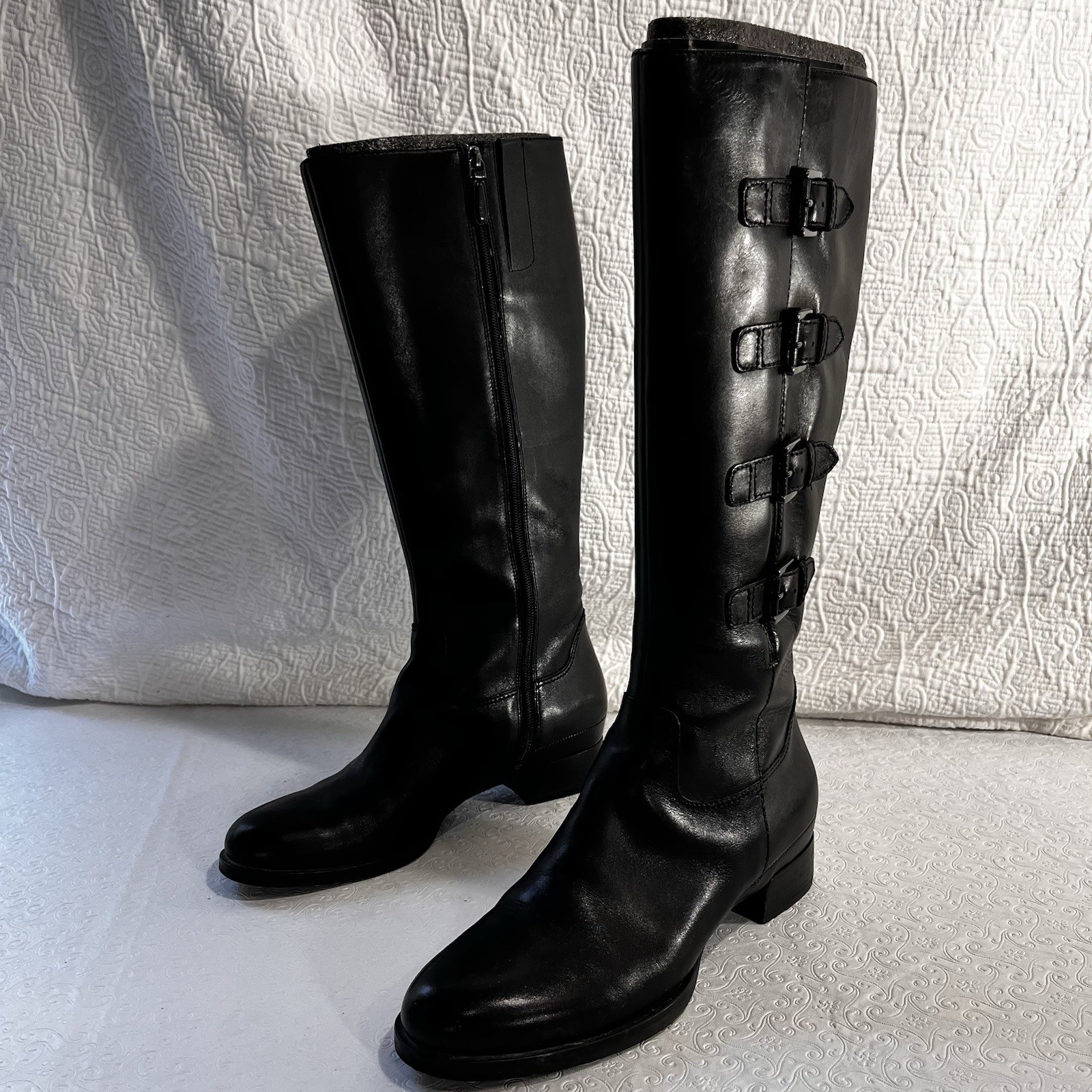 SAOLA Stivali equitazione alti Ecco Hobart pelle nera quattro fibbie zip suola strappo donna 41