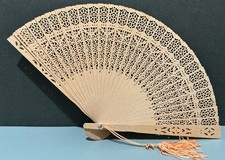 Vintage Ladies Hand Fan Cut Out Lace Pattern Wood Folding Fan Original Box
