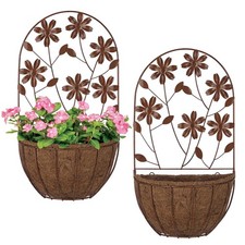 BAYN 2PKs Metal Wall Mounted Planter w/ Flower & Coco Liner - Art Decor