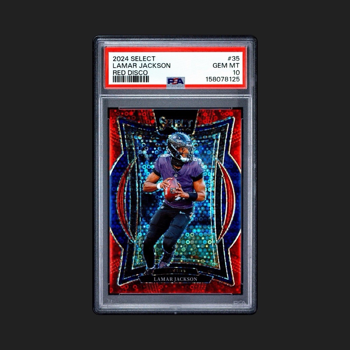 Lamar Jackson 2024 Panini Select Concourse Red Disco Prizm #35 /49 PSA 10 Ravens