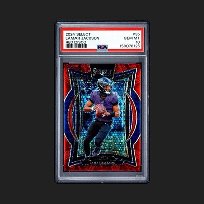 Lamar Jackson 2024 Panini Select Concourse Red Disco Prizm #35 /49 PSA 10 Ravens