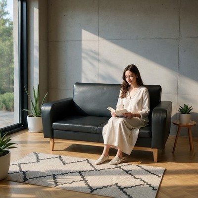 Handcrafted sofa made of artificial leather, oak legs, sturdy frame.