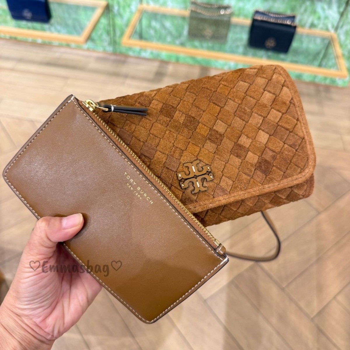 Tory Burch Thea Woven Flat Wallet Crossbody 175918 $595 Chicory