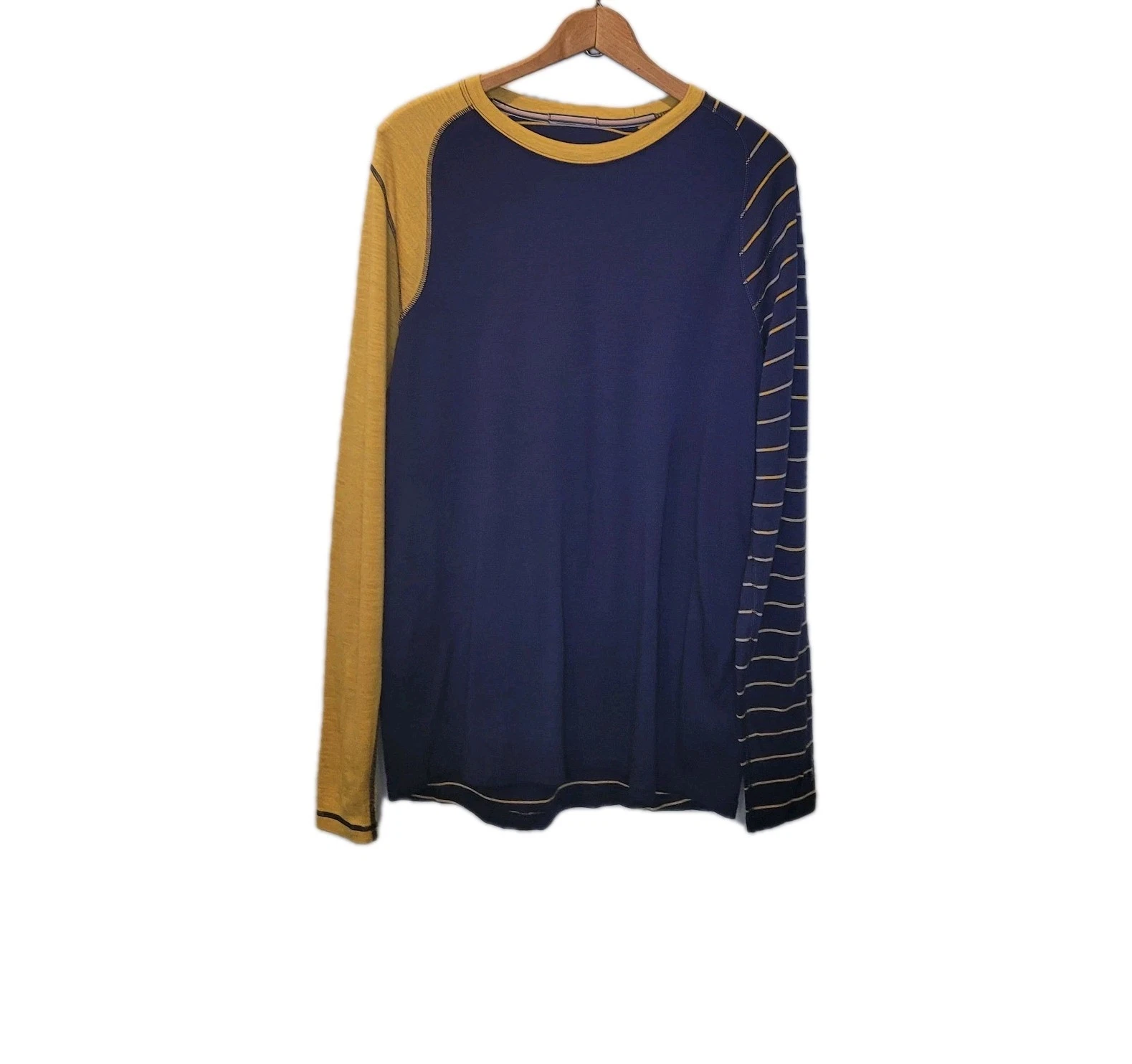 Smartwool Mens Blue Yellow Stripe Merino Wool Base Layer Top Large Outdoors