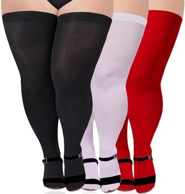 3 Pairs Plus Size Thigh High Stockings for Thick Thighs Extra Black+white+red 