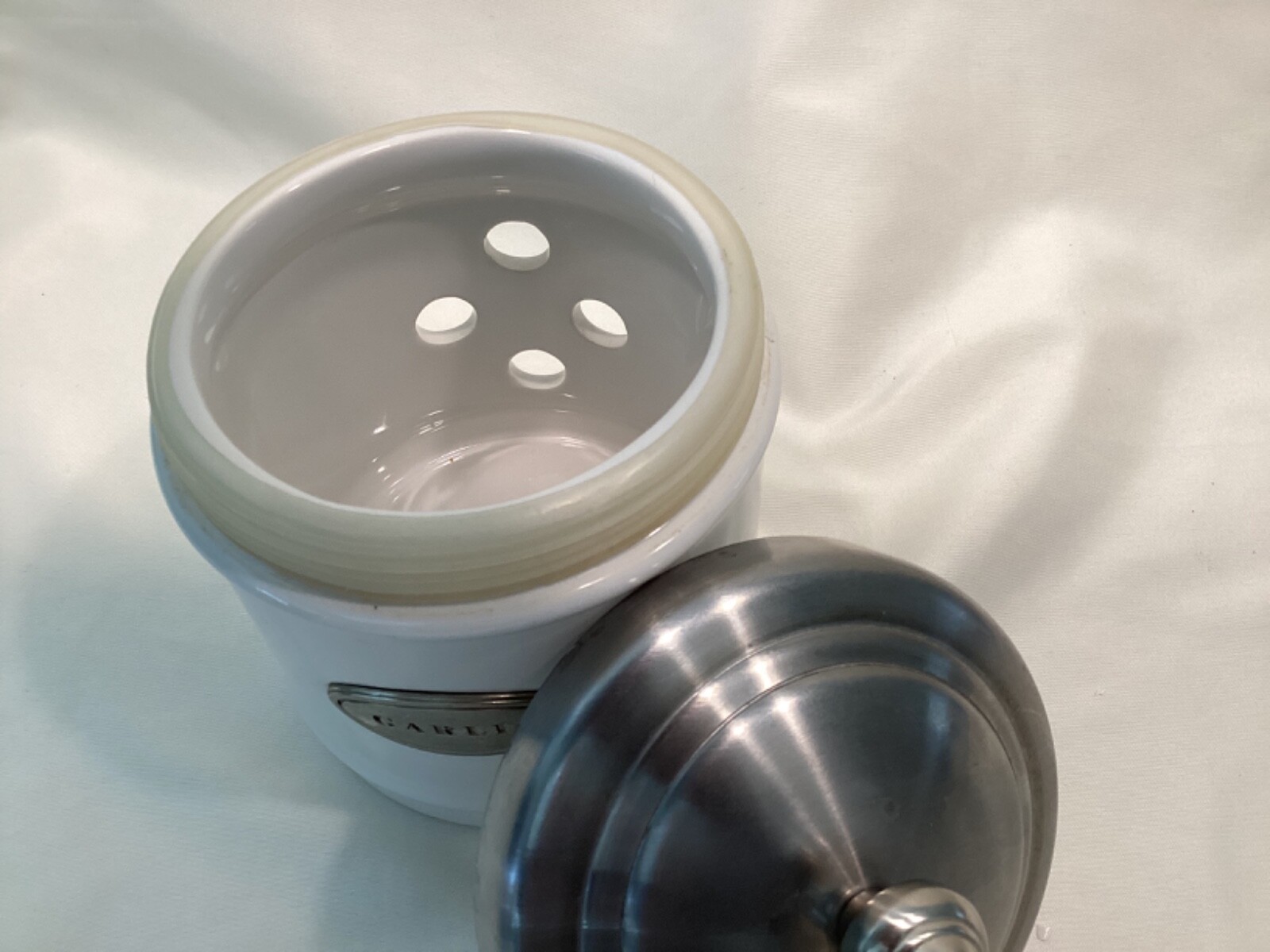 Williams Sonoma Garlic Canister Jar White with Brushed Nickel Lid