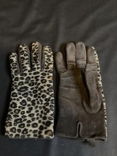Vintage Leather Fleece Gloves Leopard Print Medium