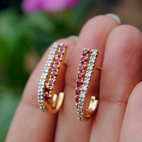 1.35 Ct Round Cut Simulated Red Ruby Huggie Hoop Earrings 14K Yellow Gold Over - Picture 4 of 7
