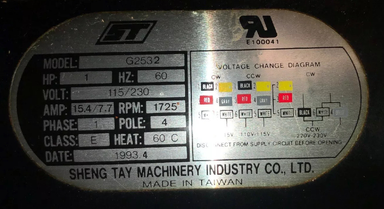 VTG Brodhead Garrett JLine J170 12” Wood Lathe Motor. Sheng Tay Mach