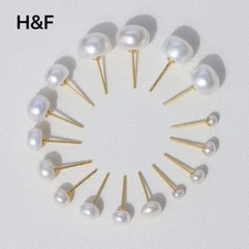 Natural White Pearl 4mm-10mm Stud Earrings 925 Sterling Silver 14k Gold Finish