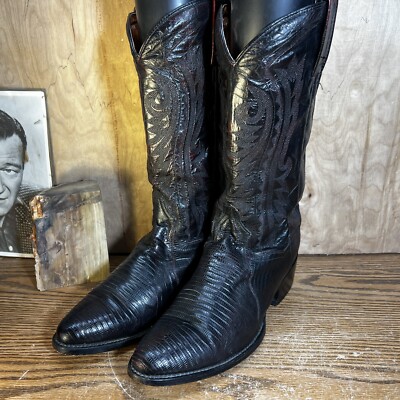 DAN POST Men's Size 8EW Black Cherry Teju Lizard Leather Cowboy