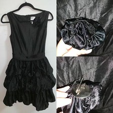 Black Silk Satin layer tiered dress w/ floral brooch XS