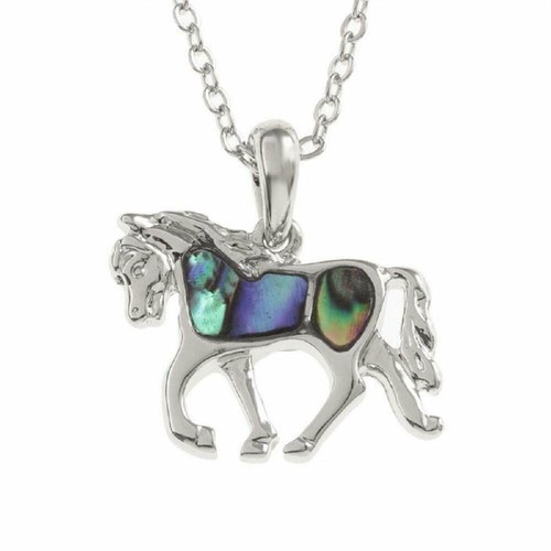 BellaMira Horse Equestrian Abalone Paua Shell Silver Pendant Necklace 18" Chain - 第 1/7 張圖片