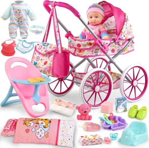 Baby Doll Stroller Toys Set with 12.5" Baby Doll,Dining Chair,Quilt Pillow