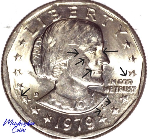 1979 D Susan B. Anthony Dollar - Strike Through & Heavy Abrasion - Mint Error - Picture 11 of 13
