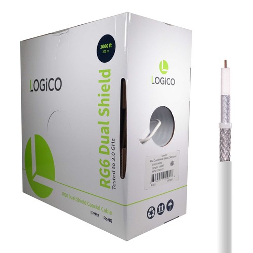 RG6 Coaxial Cable Dual Shield 1000ft 18AWG Coax Satellite TV White 3GHz - Afbeelding 1 van 4
