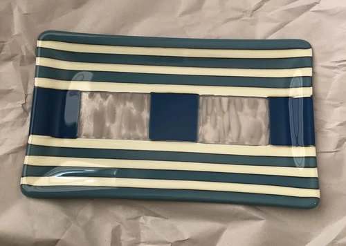Fused Art Glass Rectangular Plate Platter Tray Blue Cream Stripes