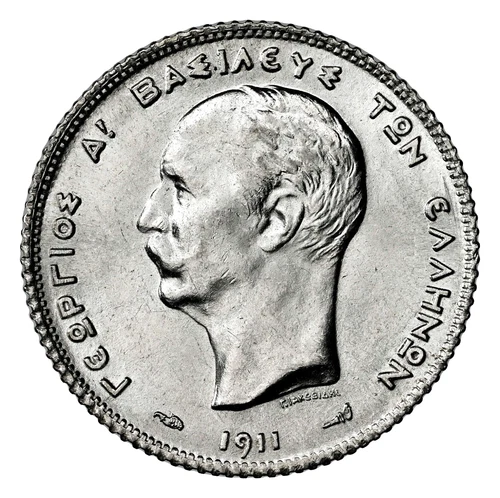 1911, Kingdom of Greece, Georgios I. Beautiful Silver 1 Drachma Coin. NGC MS-62!