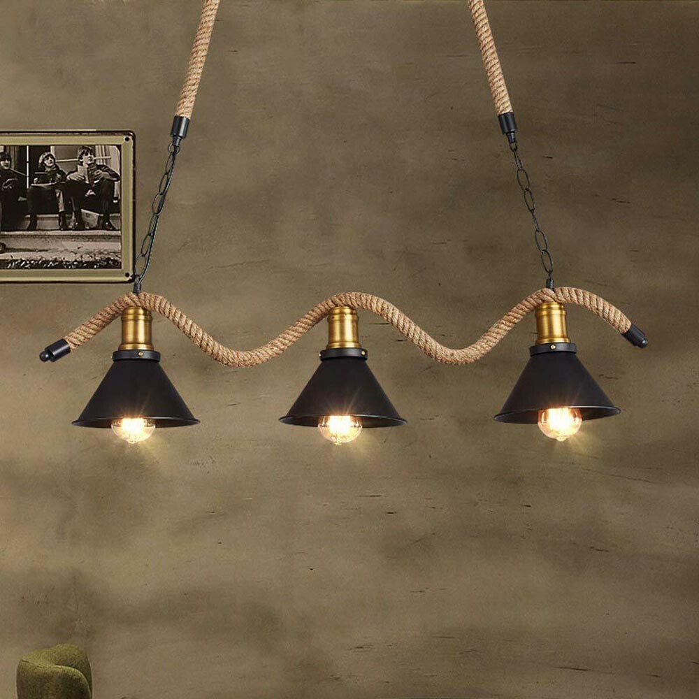 Lampadario Vintage Industriale Corda Canapa 3 Luci E27 Metallo Nero