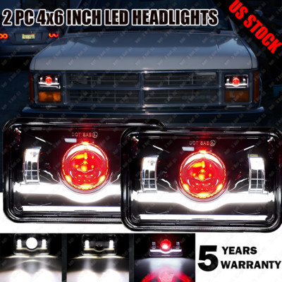 For Dodge Dakota 1987-1995 Truck Black 4x6'' LED Headlights Hi-Lo Beam Red DRL