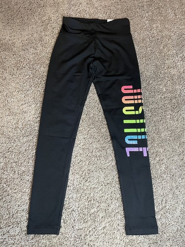 NWT Girl's Size 8 JUSTICE Black Rainbow Glitter Logo Leggings - Picture 3 of 8