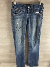 True Religion Joey Flare Jeans Green Button Classic Size 26 Made In USA