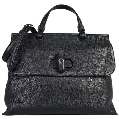 Gucci Bamboo Top Handle Black‎ Leather 2 Ways Satchel Shoulder Bag - Vintage Gucci 169976 Black Calfskin Bamboo 2-Way Bag – Rediscover  main image 2