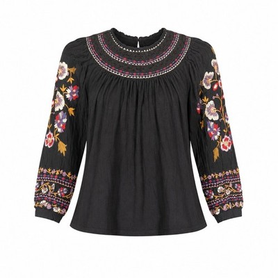 Akemi + Kin Anthropologie Embroidered Peasant Top Black Floral Boho Size M