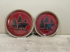 Set of 2 Woodland Collection 11" Round Red Dinner Plate Bear & Pines Home Studio