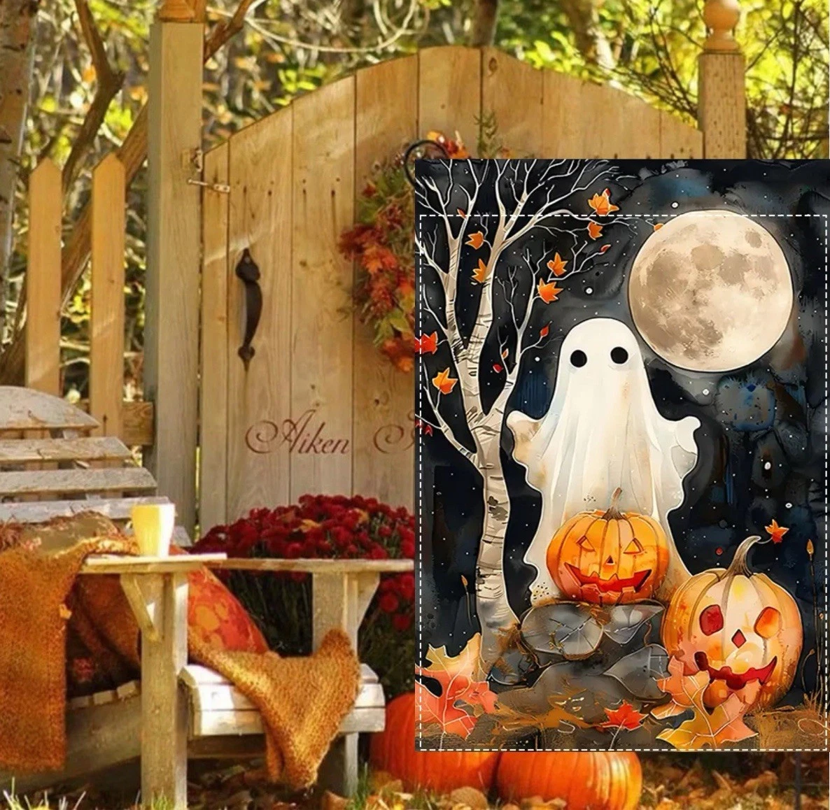 Halloween Ghost and Pumpkins Garden Flag, Burlap Polyester Full Moon Decoration