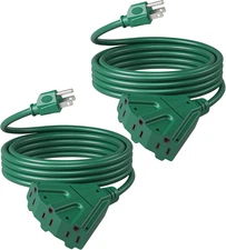 10 FT Outdoor Tri-Tap Extension Cord Splitter, Weatherproof 16/3 SJTW Power Cabl