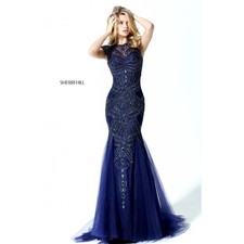 Sherri Hill 50516 Navy Beaded Mermaid Gown NWT Size 2