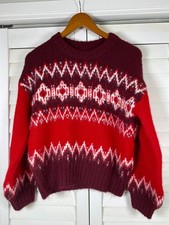 NWT LOFT Maroon Red Fair Isle Fuzzy Soft Crew Neck Sweater Fall PS