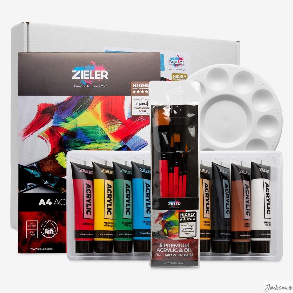 Zieler Premium Acrylic Paint Starter Set 38ml Brushes Pad Palette For Painting