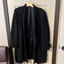 VINTAGE 100 CASHMERE Mens Black Overcoat - Button Front - Flap Pockets - 40R