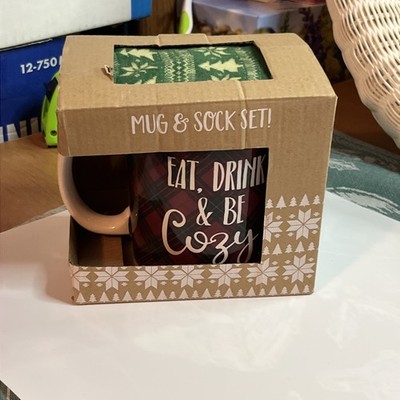 Eat Drink Be Cozy Mug & Sock Gift Set Holiday Coffee Cup Socks New