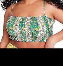 Women’s Rhode Green Light Blue Striped Floral Crop Top Size Large NWOT Ruffle