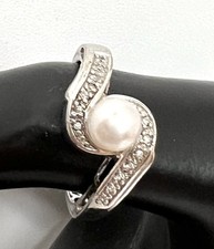 Vintage Wt Pearl Ring Clear CZ 925 Sterling Bypass Swirl Sz7 3g 5.5mm NV Ex Cond