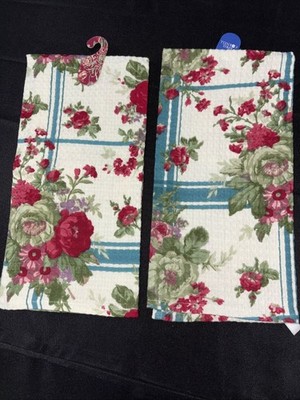 New! Set Of 2, April Cornell,  Cornwall Cottage, Floral Dish Towels, 100% Cotton