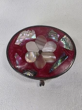 Vtg Red Alpaca Mexico Pill Box Trinket Abalone Shell & Mother of Pearl Inlay