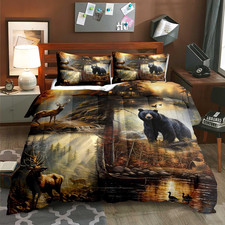 3PCS Black Bear Deer Comforter Set Queen Size, Elk Moose Mallard Duck Woodland F