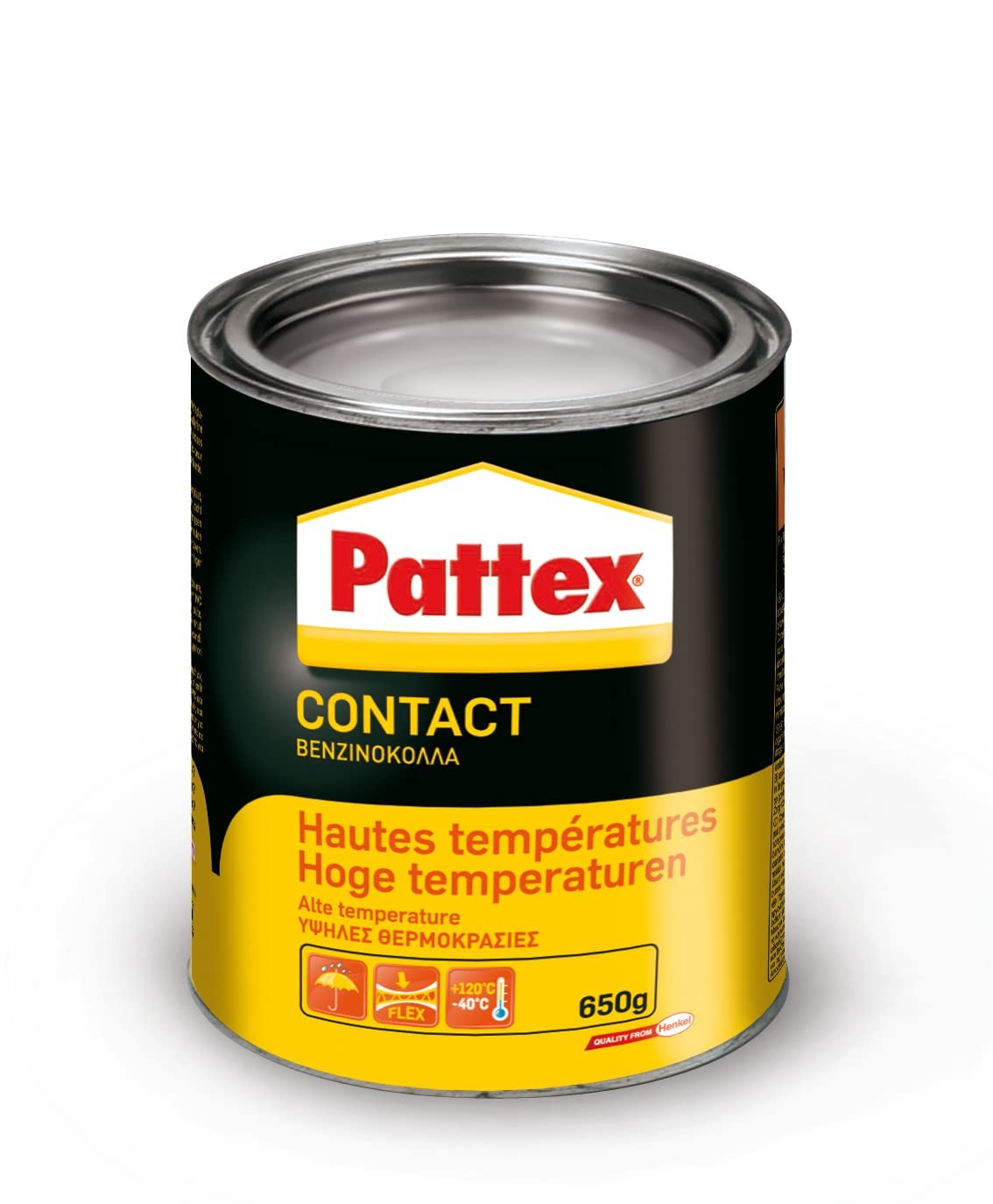 Colle contact néoprène haute température jaune en boîte de 650g