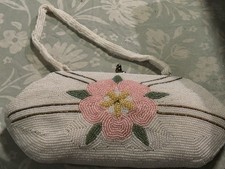 Delill Vintage Japan White Seed Beaded Elegant Evening Purse White Pink Flower
