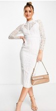 ASOS DESIGN White Lace Midi Dress Long Sleeve High Neck Pencil EU44 US12 RUSH